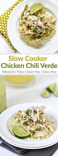 Slow Cooker Chicken Chili Verde | It hardly gets any easier than this recipe with just 5 ingredients! Look for a salsa verde without preservatives or added sugars - we like the Trader Joe’s Salsa Verde because it’s just tomatillos, green chiles, water, onions, jalapenos, salt and spices. Serve over cauliflower rice or tucked into lettuce wraps | Whole30 | Paleo | Grain-free | Dairy-free | therealfoodrds.com