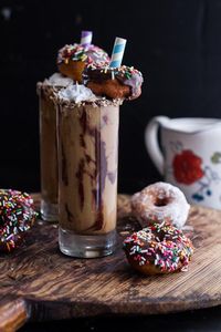 Coconut Iced Coffee...with Mini Chocolate Glazed Coffee Doughnuts