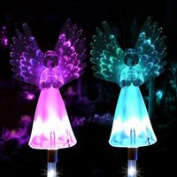 Have angels protecting and illuminating your garden.  Color changing LED beads.  Solar Powered: Ensure that the switch is turned on to charge during daytime.  The light will automatically turn on at night time and run for approximately 8 hours.  Waterproof.  Sold indiviually.  Approximately measures 6" x 3.5" x 27.5"  Made from durable ABS plastic and stainless steel  Free Worldwide Shipping & 100% Money-Back Guarantee