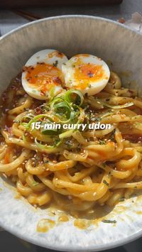 — Ingredients: 100g fresh udon noodles (vacuum packed ones work fab here!) 1 cube s&b golden curry cubes (you can find in many supermarkets, but definitely in Asian ones) 1/2 brown onion, finely diced 1 carrot, julienned 350ml water  Spring onions, thinly sliced Boiled egg is optional (And feel free to add some chicken or tofu for extra protein!)