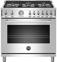 Bertazzoni PROF366GASXT 36 Inch Freestanding Professional Gas Range with 6 Sealed Burners, 5.9 Cu. Ft. Oven Capacity, Continuous Grates, Elegant Temperature Gauge, 19000 BTU Power Burners, and CSA Certified: Stainless Steel, Natural Gas