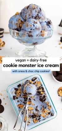 Vegan cookie monster ice cream is loaded with Oreo cookies and chocolate chip cookies! The creamy dairy-free vanilla ice cream base is made with coconut milk and naturally colored with blue spirulina powder. There is no food dye involved! It’s easy to make with an ice cream maker, or you can follow the no churn instructions to make it with a blender. The blue color makes it fun for kids, and it's the best ice cream for cookie lovers! #cookiemonster #veganicecream #coconutmilkicecream #icecream