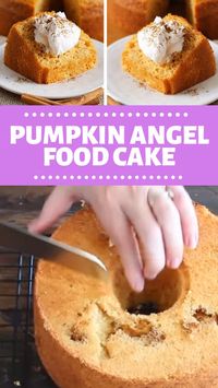 The perfect, quick, and easy fall dessert! This Pumpkin Angel Food Cake is light and airy with a hint of pumpkin! Serve with cool whip, then sprinkle with cinnamon and its ready to eat! Save this pin!