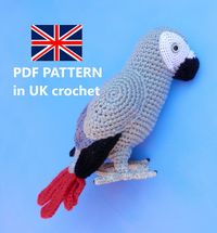 African Grey Parrot crochet PATTERN written in English with UK crochet terms. You will need to know how to double, half treble and treble crochet. Also to make a magic ring and slip stitch. You will need crochet hooks 2mm, 2.5mm and 3mm. The head and body of the parrot is made from an Aran weight yarn or you can use 2 strands of James C Brett Top Value DK100g ball in soft grey. This item is in PDF format and will be emailed to you after purchase. This pattern will make a parrot which measures ab