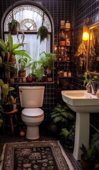 A bohemian paradise, this bathroom showcases a mix of vintage tiles, a copper bathtub, and a pebble stone floor. Macramé wall hangings, succulents, and layered textiles infuse the space with a carefree and boho-chic aesthetic. Explore more on Nymphs Daily Blog.