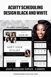 Are you struggling to keep your clients coming back for more?!? Look no further than my hair stylist booking site template! This Acuity scheduling design in black and white comes with 8 editable web banners. Edit with ease using a free Canva account. Visit my Etsy shop and make it yours today!