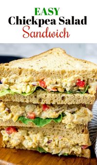 This Easy Chickpea Salad Sandwich is so delicious and easy to make, smashed chickpeas, celery, red onion, pickles, red bell pepper, dill, vegan mayo, lettuce nestled between slices of gluten-free bread, is so hearty, flavorful and filling. #vegan #chickpea