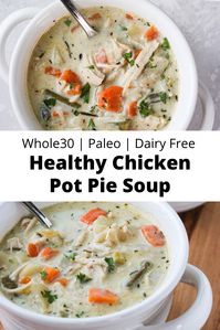 This Healthy Chicken Pot Pie Soup has all of the flavors of the classic comfort food casserole! It's dairy free, gluten free, paleo, and Whole30. I've included a Keto option, as well!