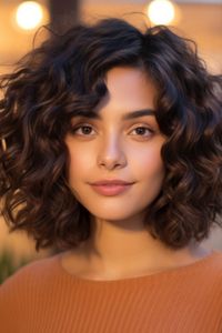 The voluminous curly bob with a center part is absolutely stunning on individuals blessed with curly hair. This short haircut adds volume. It beautifully frames the face. Click here to check out more cute short curly haircuts & hairstyles trending right now.