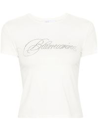 ivory white cotton blend lightweight jersey round neck short sleeves rhinestone-logo at the chest straight hem