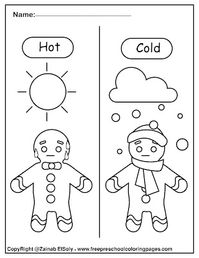 Gingerbread man learn opposites for kids - free printable preschool coloring pages hot and cold