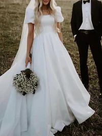 Formal Wedding Dresses Ball Gown Square Neck Short Sleeve Chapel Train Satin Bridal Gowns With Solid Color 2024 2024 - $179.99