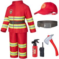 PRICES MAY VARY. Package includes: a firefighter jacket, pair of pants, belt, hat , toy extinguisher, toy axe, and a toy walkie-talkie. Firefighter chief role play costume set includes everything a child needs to look the part. Our deluxe Kids' Red Firefighter Cosplay Costume is made of premium high-quality materials, so it's super durable and built to last for many seasons of fun. It's safe for your child to wear and comes with complete accessories, making it the ultimate fireman outfit for you