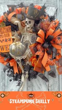 Skelly was made with steampunk gears on his tophat and the pumpkin. He also has spiders, a handpainted sign, a painted pumpkin with a gold stem, deco mesh, and premium designer ribbons! He measures 36“h x 32“w x 12“d