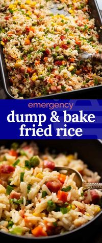 To make baked fried rice, just place uncooked rice, stock, soy sauce and a few other flavourings in a baking pan, give it a mix then shove it in the oven. Out comes fluffy, seasoned fried rice that’s so good, you may never wok-toss fried rice ever again!