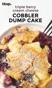 When a fresh berry cobbler meets an easy dump cake, the end result is pure magic. Raspberries, blueberries and blackberries get mixed with cream cheese and cake mix for an easy dessert that's no-fuss and totally delicious.