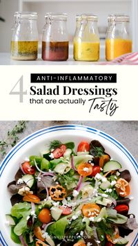 4 simple and delicious anti-inflammatory salad dressing recipes inspired by Mediterranean, Asian, Caribbean, and Persian. These dressings combine herbs, fruits, healthy fats, and acids rich in vitamins, minerals, and healing compounds.