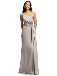 One-shoulder Draped Skirt Satin Trumpet Bridesmaid Dress In Taupe | The Dessy Group