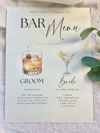 Personalized Wedding Signature Drink Sign Printed on Premium 300lb Heavy Card Stock! Two sizes available:  - 5 x 7 - 8 x 10 This listing includes two types of widths:  - Double-sided with board: Increases thickness and weight. If you're using a sign stand, we recommend opting for a heavier sign - Single-side: Single printed page, no backing or book board. This is best when used with picture frames.  Customization: Up to 2 signature drinks as featured In the personalization field, enter:  1. Name of your Signature Drinks 2. Description of each drink - Example: Old Fashioned - Sweet Red Vermouth, Angostura Bitters, Maraschino Cherry 3. Additional information you would like to include, such as: Bride/Groom names, Wedding/Event Date, Other beverages offered --- Upon Placing Order --- 1. You wi