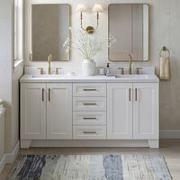 The Taylor bathroom vanity features a hidden pull-out drawer behind each pair of cabinet doors is truly the ideal combination of function and form allowing for full maximization of all the storage space in the cabinet. This vanity is constructed with a hardwood frame and dovetail drawer boxes to last and stand the test of time Base Finish: White | Everly Quinn Yazmani 72.25" Double Bathroom Vanity w / Top Wood / Quartz Top in White | 36 H x 72.25 W x 22 D in | Wayfair