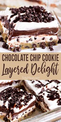 Chocolate Chip Cookie Layered Delight is four layers of pure bliss. This chilled dessert starts with a chocolate chip cookie bottom topped with a sweet cream cheese layer, chocolate pudding, and a creamy topping with more chocolate chips!  It's is the dessert of your dreams!!  Print the recipe at Tidymom.net #dessert #dessertrecipes  #chocolate #chocolatechipcookies #tidymom