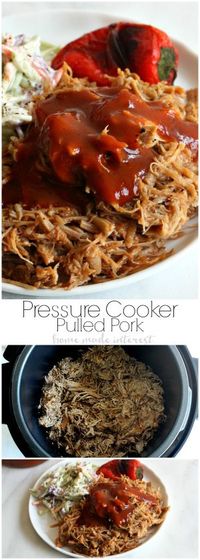 Make BBQ pulled pork in less than time with this easy Pressure Cooker Pulled Pork recipe. If you have an Insta-pot or any pressure cooker this pulled pork recipe is for you! Just put the pork and sauce in the pressure cooker, set and forget. When the timer goes off you have tender BBQ pulled pork that is perfect for sandwiches and sliders!