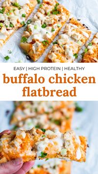 High Protein Buffalo Chicken Flatbread is spicy, tangy, and so easy to put together. It's the perfect game day appetizer to serve alongside naan pizza or main course for an easy weeknight dinner! You'll love this buffalo chicken flatbread because we use real buffalo sauce, it's quick and easy, and it's a great appetizer!