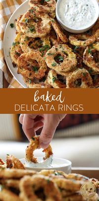 These Baked Delicata Rings with Creamy Herb Dip are delicious and unique fall appetizer recipe. #crispy #baked #delicata #rings #fall #appetizer #recipe