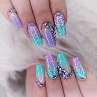 MERVF Coffin Press on Nails Medium Fake Nails Ombre French Tip Ballerina Glue on Nails with Glitter Design Mermaid Acrylic Nails Press ons Summer False Nails 24pcs Glossy - summer nails