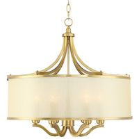 From Possini Euro Design, this six-light pendant is a gorgeous upgrade over an entry or dressing up a dining room. The pendant boasts a bold frame with ample curves and a beautifully warm antique brass finish to highlight stylish decor. The shade is a simple drum elevated to new heights with clear gold organza and metal trim in antique brass.