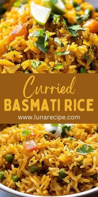 This Curried Basmati Rice is a fragrant and delicious side dish, perfect for pairing with curries, grilled meats, or vegetables! 🍚🌿 With aromatic spices and fluffy basmati rice, this dish is easy to make and full of flavor, bringing a touch of warmth to any meal.  📌 Save this pin to make flavorful curried basmati rice for your next dinner! #CurriedRice #BasmatiRice #EasySideDish #FlavorfulMeals #IndianCuisine #SpicedRice