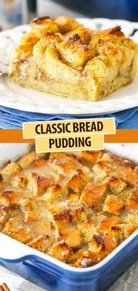 Satisfy your sweet tooth using basic kitchen ingredients with this Classic Bread Pudding Recipe! This sweet and creamy dessert takes stale bread and turns it into a decadent, comforting treat. #breadpudding #vanillasauce #breadpuddingrecipe #easydessert #dessertrecipes #dessertideas #puddingrecipes #easydessertrecipes