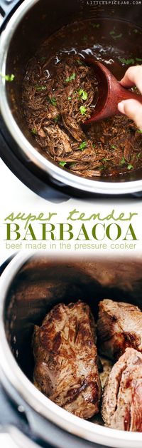 (Use 1-2 tsp. chipotle powder) Pressure Cooker Barbacoa Beef - Just sear the meat and pop it all into your pressure cooker and in 1 hour you have the most delicious shredded beef that tastes like you cooked it all day long!