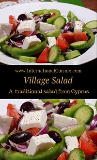 The village salad is a typical salad in Cyprus, perfect when tomatoes are in season, you will love it! #villagesalad #salad #cyprus #cypruscuisine #cyprusfood #cyprusrecipe