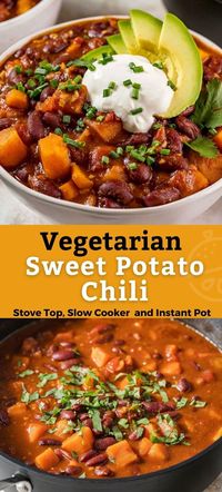 This hearty Vegetarian Chili with sweet potatoes and beans is a meatless, plant-based, protein-rich chili recipe that is easy to make on the stove top, Instant pot and slow cooker. Easily made vegan if choosing vegan toppings. #vegetarian #vegan #plantprotein #beans #easy #lemonblossoms #dinner