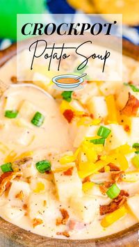 Crockpot Potato Soup is a warm, hearty meal that will put a delicious dinner on the table with little to no effort on your part. Thick, soft chunks of potatoes and crumbles of bacon are lathered in a savory cream soup base and can be topped with all of your favorite toppings.