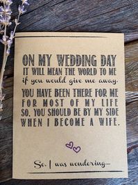 "Welcome! Pin any listing for 10% off! Message me a link to your Pinterest board with this listing and I'll reply with a promo code for you! The listing is for: -One (1) \"On My Wedding Day...\" card that will be mailed to you. Few notes: -Printed on 65 lb medium weight card stock Kraft paper. -Measures 4.25\"x5.5\" when folded. -Inside has message, \"Will you walk me down the aisle?\" -Double plum hearts on front and inside. -Back has my logo. -Includes one (1) A2 envelope (4 3/8\" x 5 3/4\") i