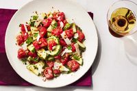 This refreshing watermelon cucumber salad recipe includes semi-firm goat cheese and sunflower seeds for pops of salt and added texture.