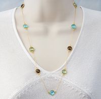 Faceted Green Amethyst  Blue Topaz Smoky Quartz Gold bezel long station necklace - natural greenish multi color gemstone Lollipop