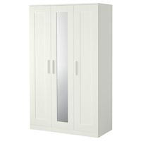 BRIMNES wardrobe with 3 doors, white, 46x743/4" Small spaces need smart storage. This wardrobe has a clothes rail for shirts and dresses, shelves for folded clothes, shoes and bags – and a mirror door too so you avoid needing to mount a separate mirror.