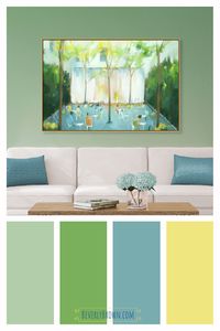 A painting of Paley Park in New York City by Beverly is the inspiration of this color scheme for a green and blue contemporary living room. The artwork is for sale as a giclee painting print in multiple sizes and framing options on fine art paper, canvas or metal.