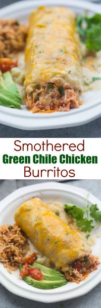 These Smothered Green Chile Chicken Burritos are AMAZING, and super easy to prepare. They're baked until crispy and smothered in the best, homemade green chile sauce. | Tastes Better From Scratch