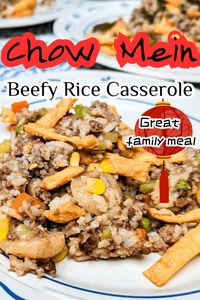 This Asian inspired casserole is a hearty one-dish meal. Ground beef, mixed vegetables, rice and more are seasoned and then mixed together with soy sauce and cream of celery soup, before being topped with crunchy chow mein noodles. Every bite is flavorful and satisfying in Chow Mein Beefy Rice Casserole–a comforting family meal!