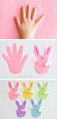 These handprint bunnies are SO CUTE and they're so easy to make!! This is such a simple construction paper craft and a great craft for kids. Trace a handprint and make these bunnies for Easter or anytime. Such a fun activity for bored kids that needs barely any supplies!