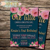 Navy Blue & Blush Floral First Birthday Invitation | Girls First Birthday Invitation | Floral Theme Birthday | One Year Old Birthday Invite