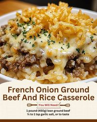 French Onion Ground Beef and Rice Casserole  French Onion Ground Beef And Rice Casserole  Ingredients: - 1 pound (450g) lean ground beef - ½ to 1 tsp garlic salt, or to taste - 2 cans (10.5 oz each) beef consomme - 2 cans (10.5 oz each) French onion soup - 180ml (¾ cup) water - 2 cups long grain white rice, uncooked - 170g (¾ cup) butter, sliced (1 ½ sticks)  Directions: 1. Preheat your oven to 425°F (220°C). Grease a 9x13 inch (23x33 cm) baking dish with cooking spray. 2. In a large skillet, cook the ground beef with garlic salt until browned and cooked through, breaking it into crumbles. 3. Spread the uncooked rice and cooked ground beef in the prepared baking dish. 4. Pour in the beef consomme, French onion soup, and water. Gently stir to combine all ingredients. 5. Place the sliced but