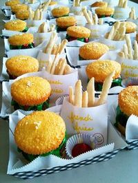 burger cupcakes (Cupcake buns, brownie patties, frosting lettuce and ketchup. Sugar cookie fries.)