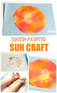 Squish Painted Sun Craft - This is such a fun, mess free painting, sun craft for kids to make. Perfect summer craft for kids or to celebrate the summer solstice (preschool, prek, toddler, kindergarten, first grade, 2nd grade)