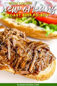 Slow Cooker New Orleans Roast Beef Po-Boy - inspired by our meal at Felix's in New Orleans. Slow cooked pot roast seasoned with cajun seasoning and simmered in an easy gravy. Only 5 ingredients - chuck roast, gravy mix, beef broth, cajun seasoning, and cornstarch. Can serve as a sandwich or over rice, noodles or mashed potatoes. This stuff is SO good!! Better than the original! #slowcooker #crockpot #potroast #neworleans #poboy #sandwich