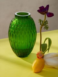 The floral artist creates "out of the vase" compositions. For Lalique, he imagines a bold and modern interpretation with the Amazon green Plumes vase.